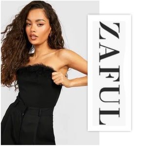 ZAFUL Black Velour Feather Trim Bodysuit